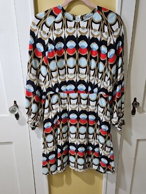 H&M Long Sleeve Geometric Print Dress in Black, Red & Light Blue